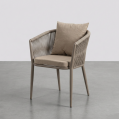 Modern outdoor rope woven dining chair with cushions and grey metal frame